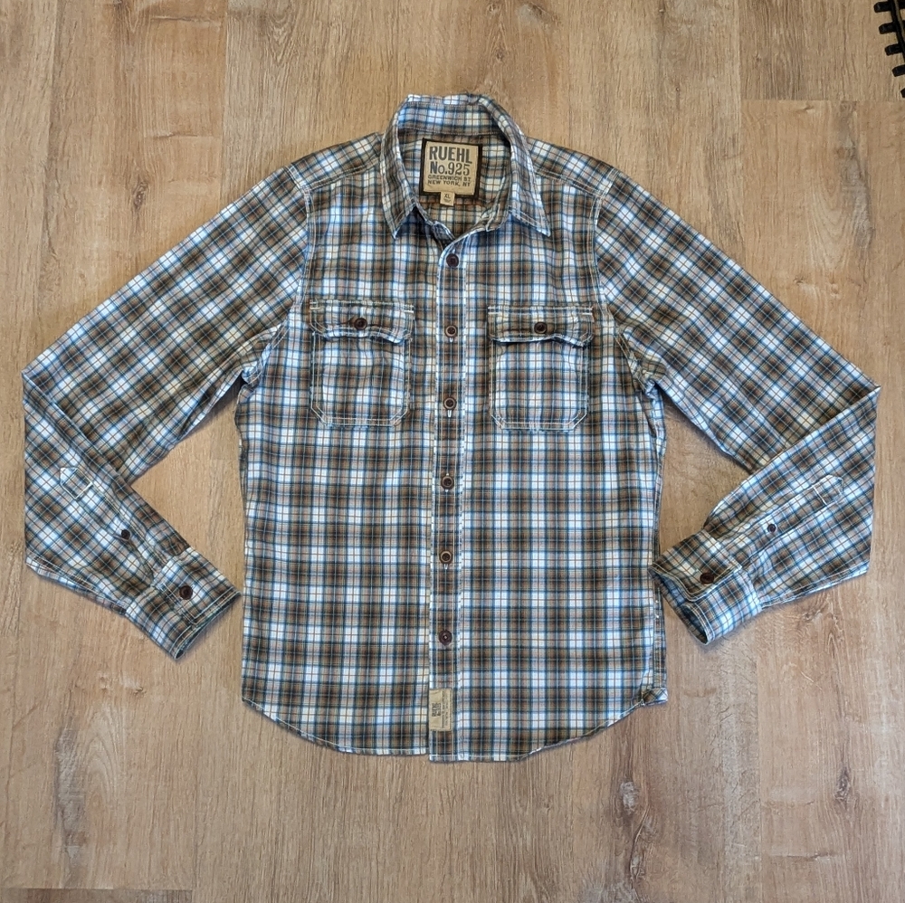 Ruehl No.925 Men's Plaid Shirt Brown and Blue Size XL